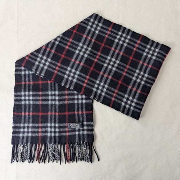 BURBERRY London Vintage Classic Nova Check Knit 100% Cashmere Fringe Black SCARF - Picture 1 of 6